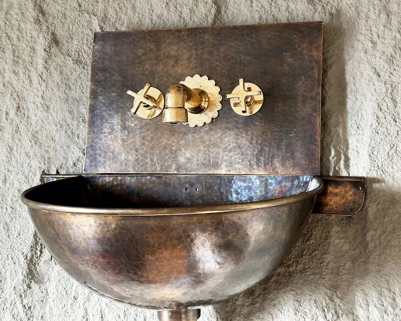 Patina Brass Wall Mount Sink with Mixed Faucet – Hammered Brass Wall Hung Basin