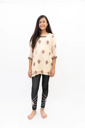 Peach Chiffon Shirt with Brown Embroidery - Kurti