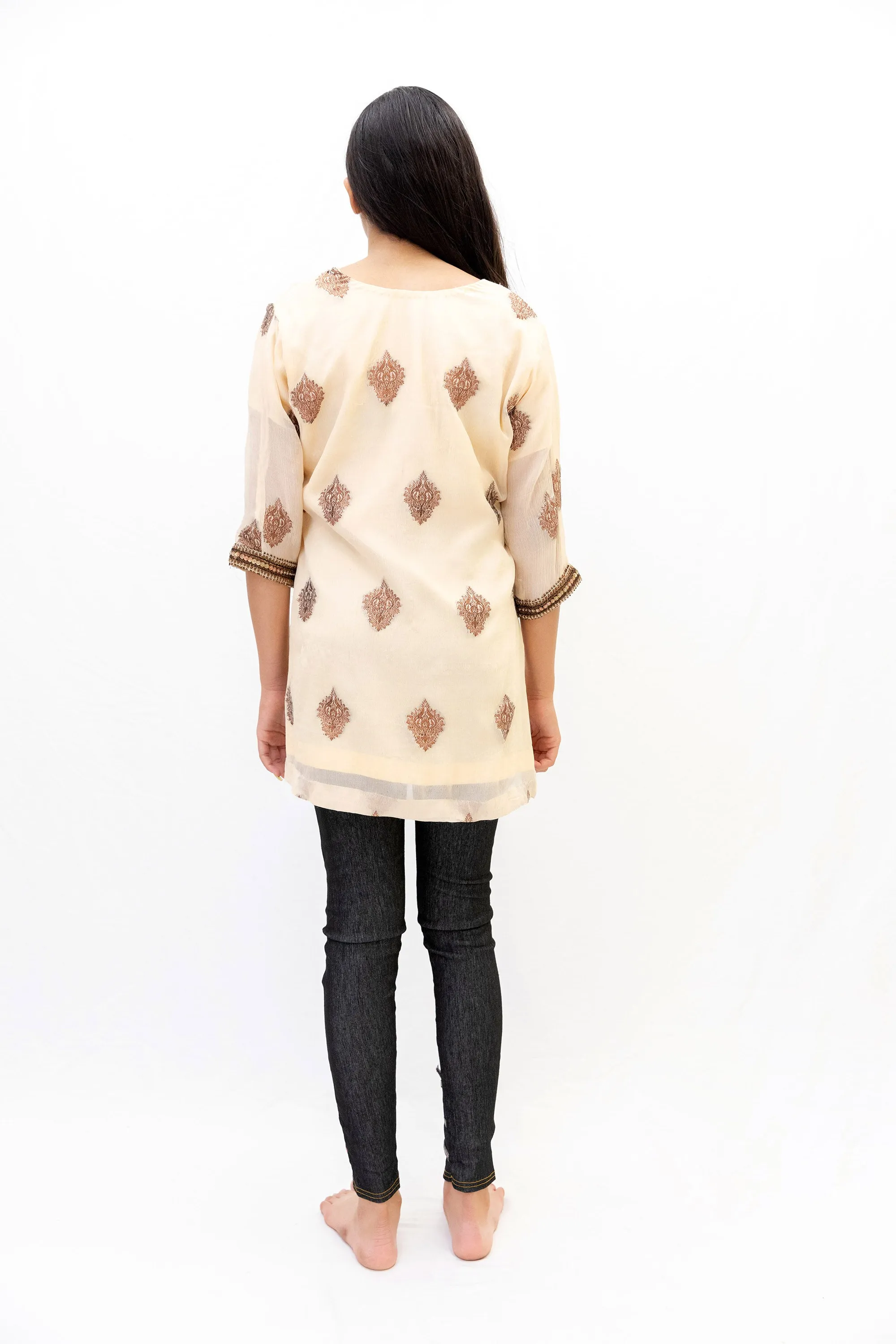 Peach Chiffon Shirt with Brown Embroidery - Kurti
