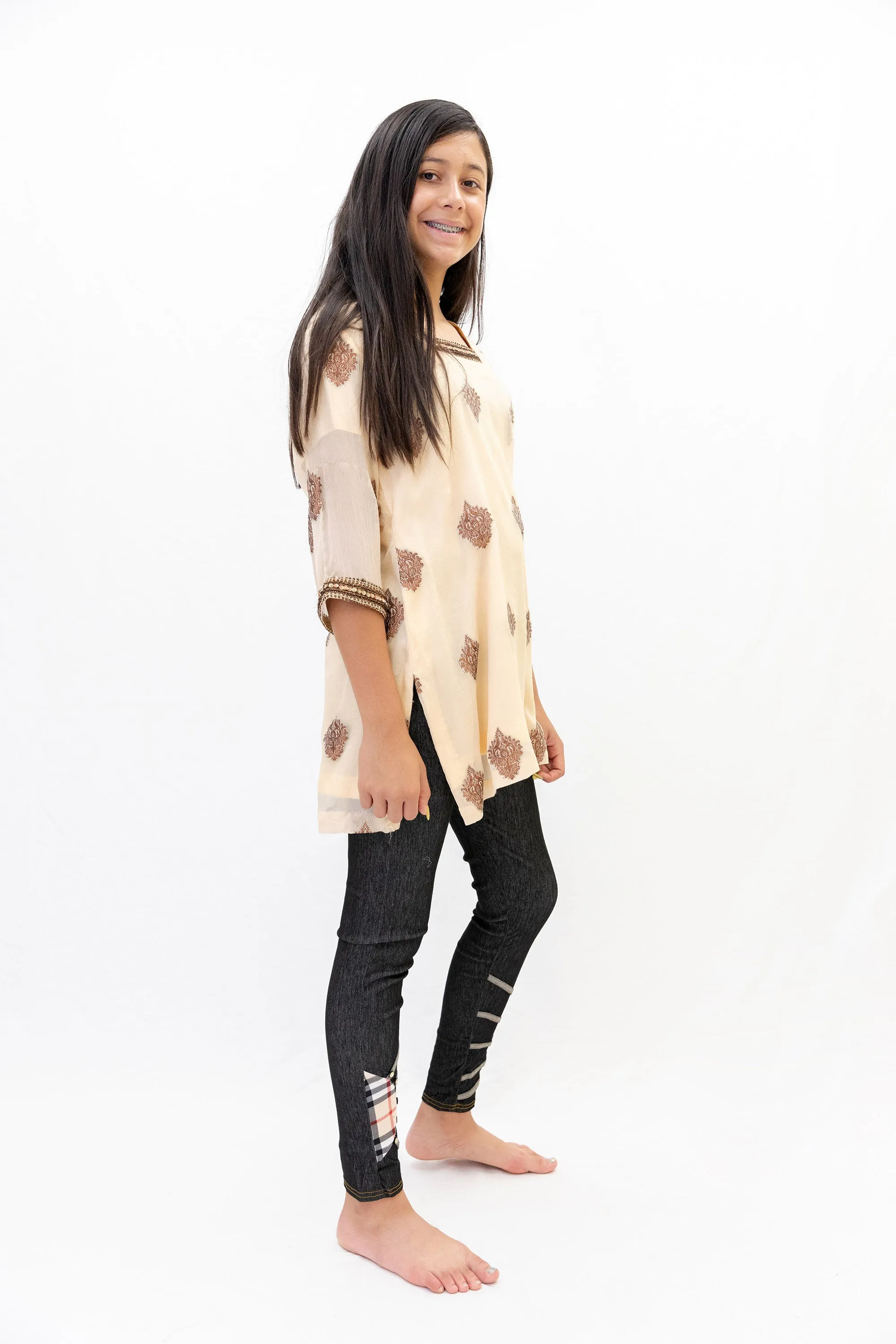 Peach Chiffon Shirt with Brown Embroidery - Kurti