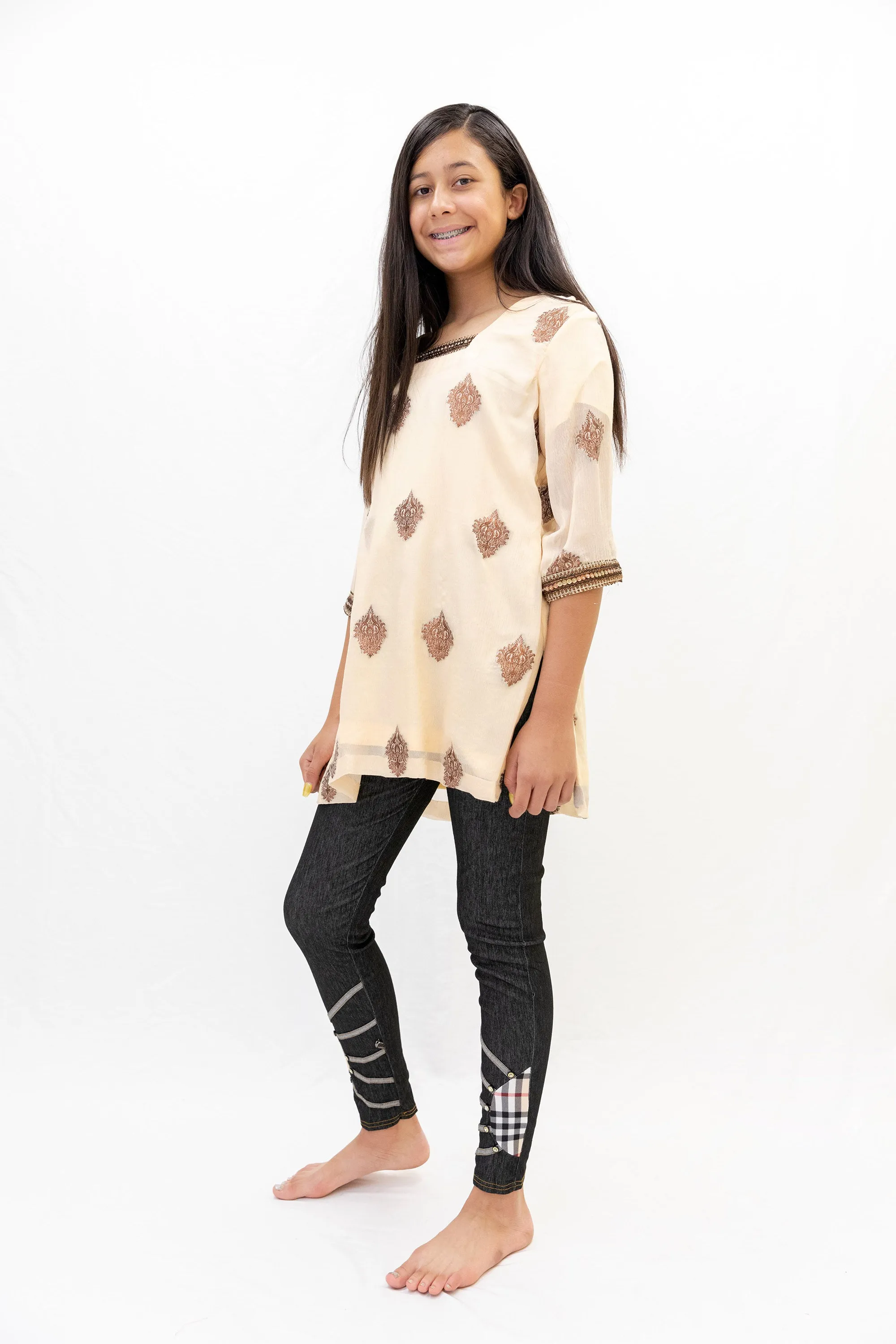 Peach Chiffon Shirt with Brown Embroidery - Kurti