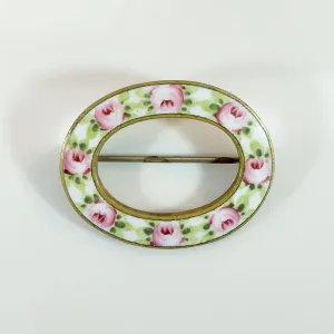 Pink & Green Rose Enameled Circle Brooch