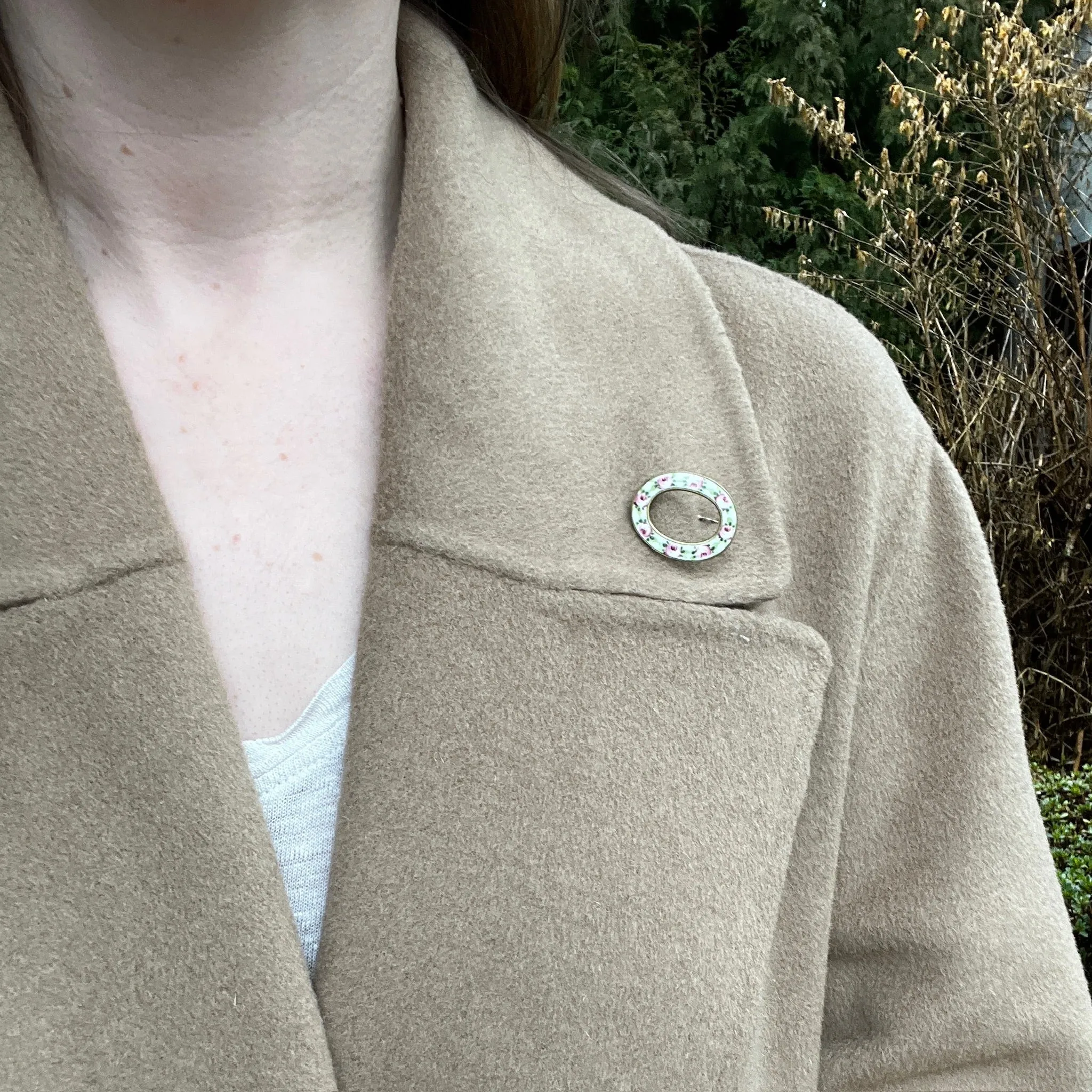 Pink & Green Rose Enameled Circle Brooch