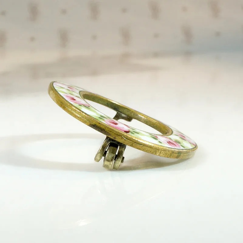 Pink & Green Rose Enameled Circle Brooch