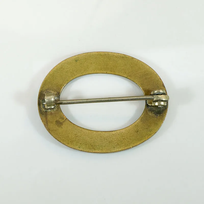 Pink & Green Rose Enameled Circle Brooch