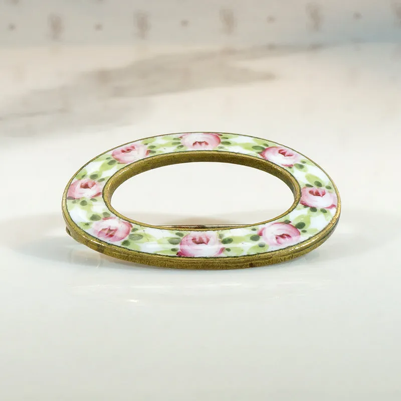 Pink & Green Rose Enameled Circle Brooch