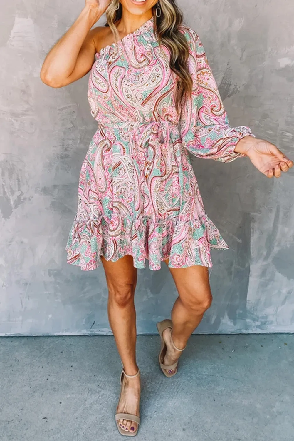 Pink Paisley Print One Shoulder Lace-up High Waist Mini Dress