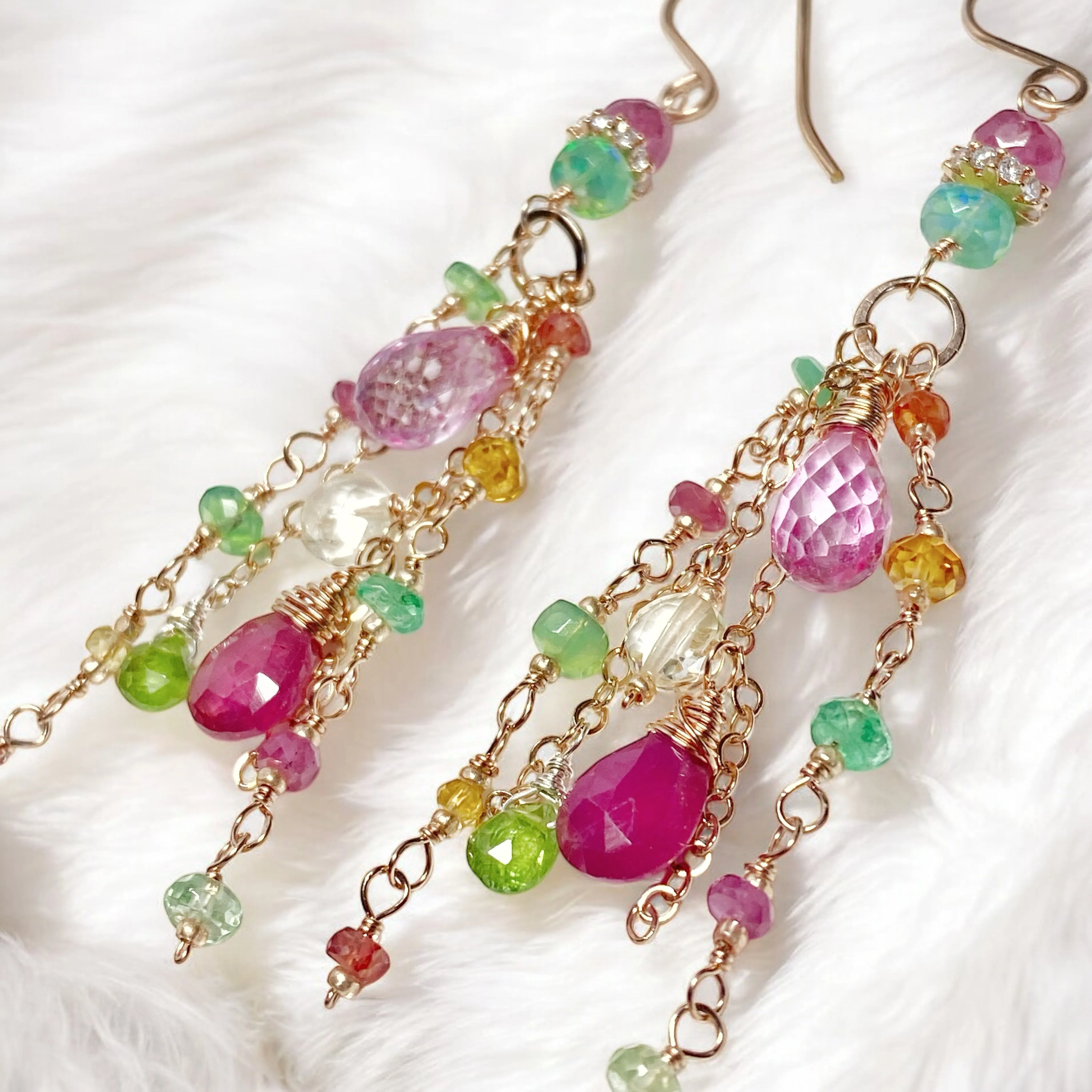 Pink Sapphire, Green Gemstone Rose Gold Long Dangle Earrings