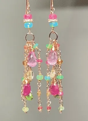 Pink Sapphire, Green Gemstone Rose Gold Long Dangle Earrings