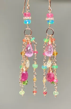 Pink Sapphire, Green Gemstone Rose Gold Long Dangle Earrings