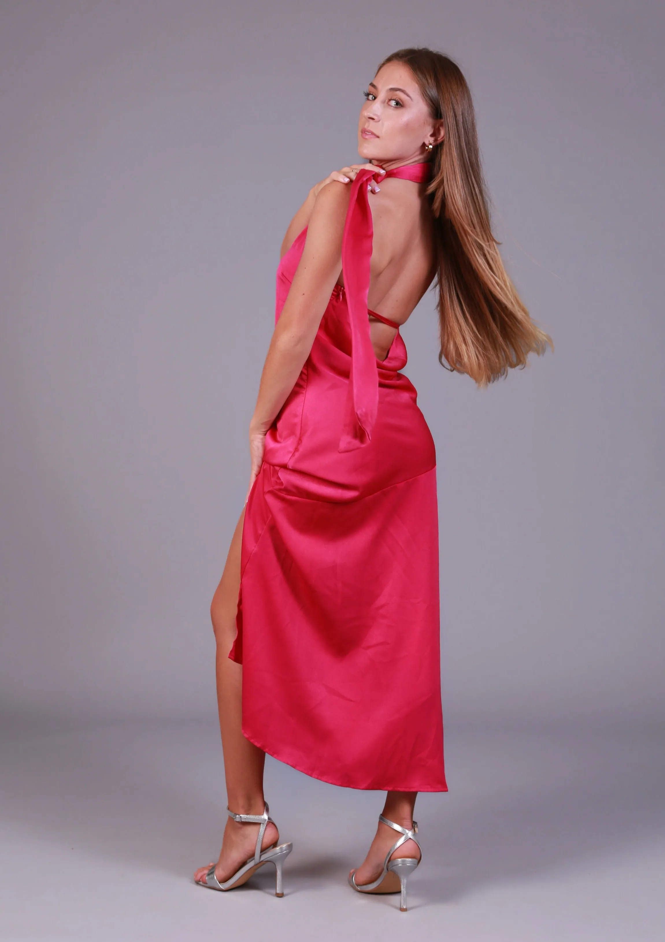 Pink Satin halter maxi dress-  Miss Molly brand