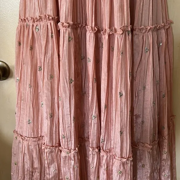 Pink/peach bohemian tiered skirt with multiple layers and embellishments size 34