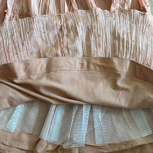 Pink/peach bohemian tiered skirt with multiple layers and embellishments size 34