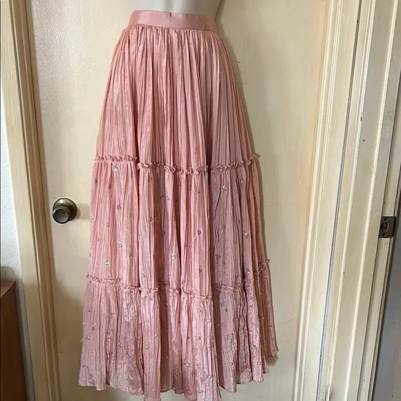 Pink/peach bohemian tiered skirt with multiple layers and embellishments size 34