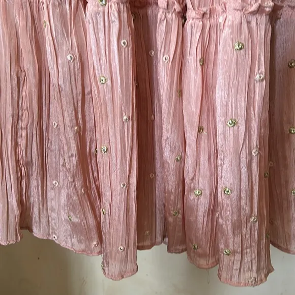 Pink/peach bohemian tiered skirt with multiple layers and embellishments size 34