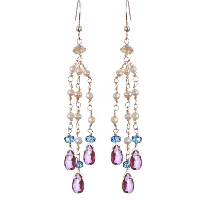 Playful Multistrand Colorful Tassel Earrings with Gem Drops