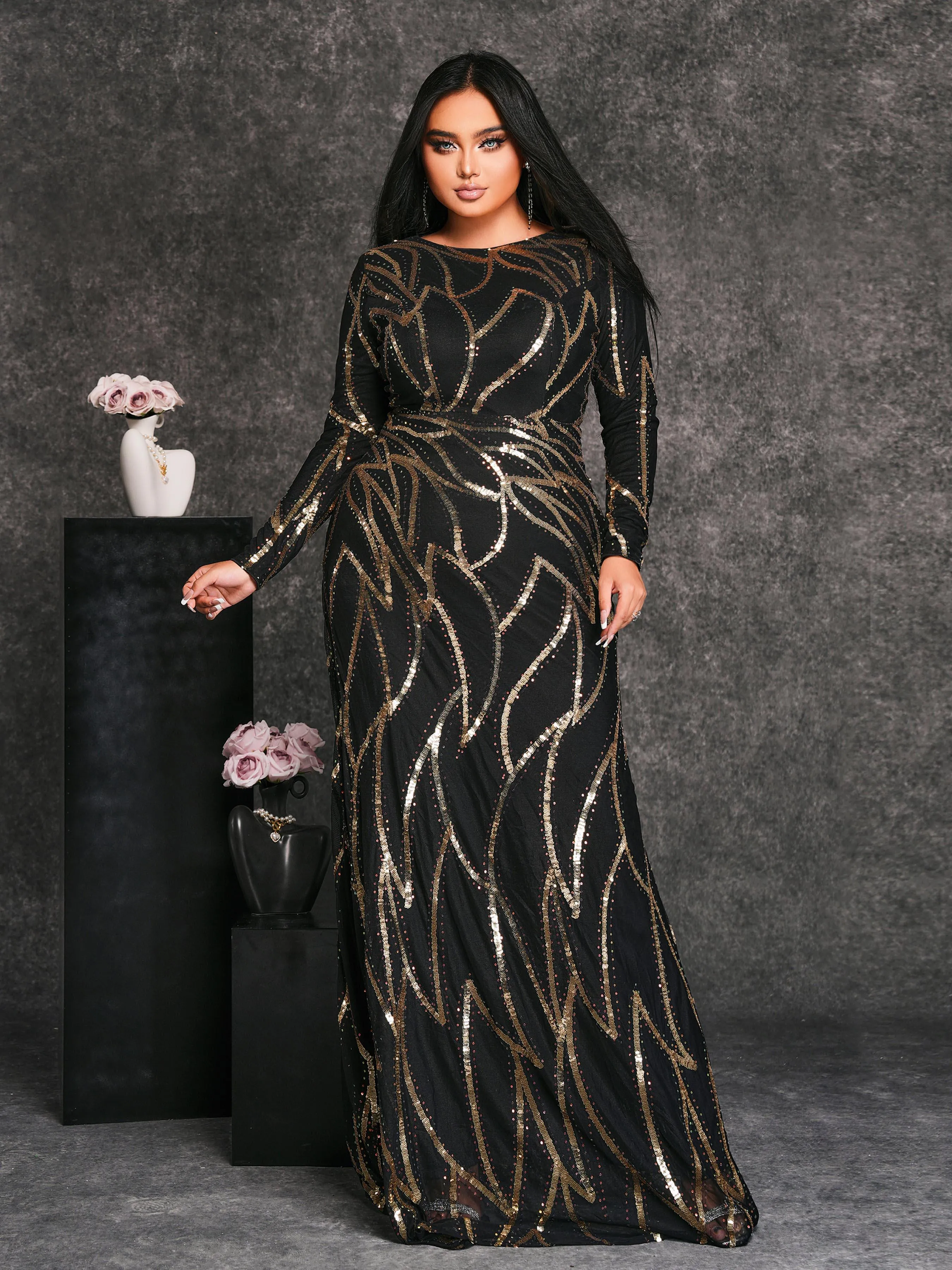 Plus Long Sleeve Sequin A-line Dress PXJ1962