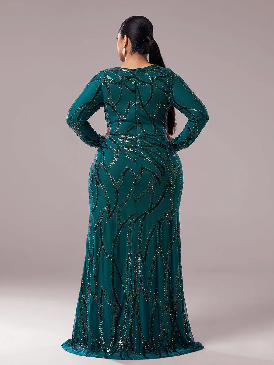 Plus Long Sleeve Sequin A-line Dress PXJ1962