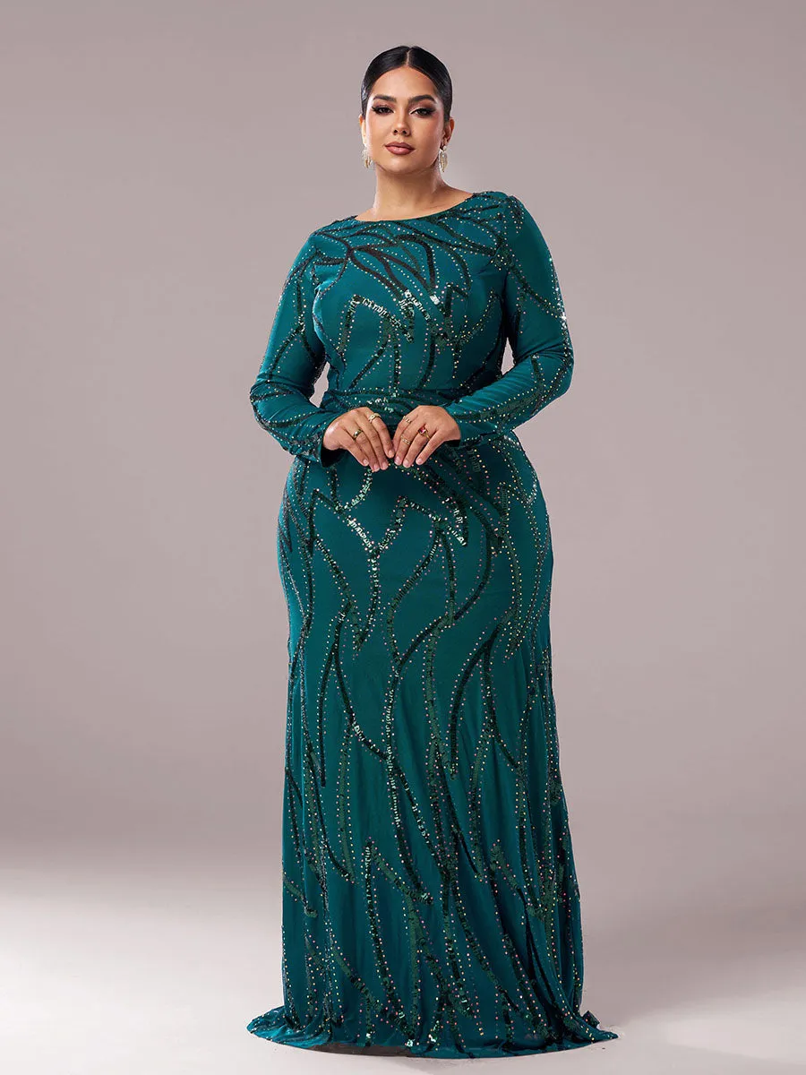 Plus Long Sleeve Sequin A-line Dress PXJ1962