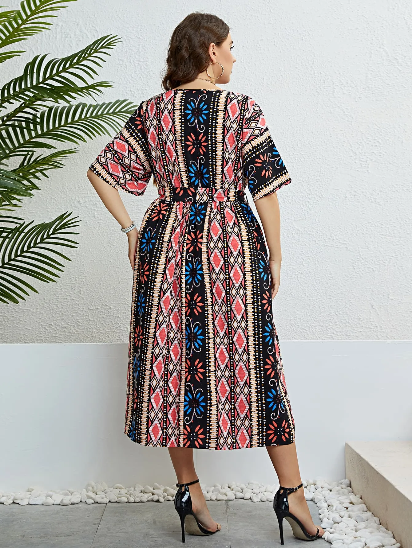 Plus Size Bohemian Tie Belt Midi Dress