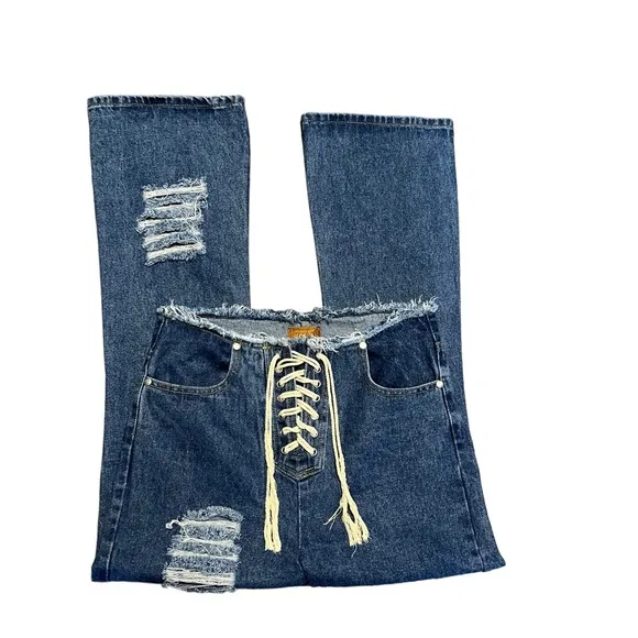 POL front lace up distressed  high waisted flare wide leg jeans size 30