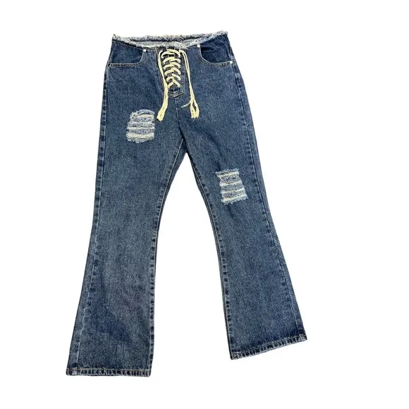 POL front lace up distressed  high waisted flare wide leg jeans size 30
