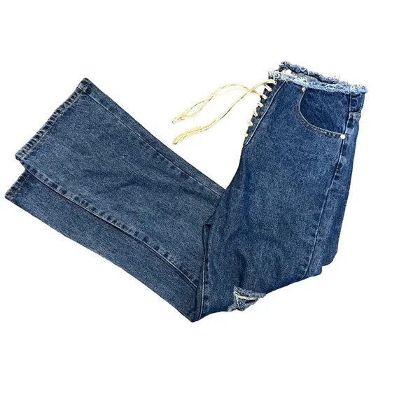 POL front lace up distressed  high waisted flare wide leg jeans size 30