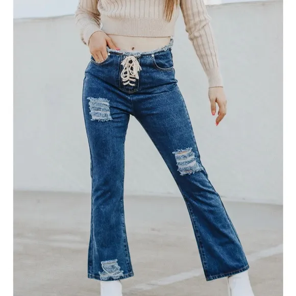 POL front lace up distressed  high waisted flare wide leg jeans size 30