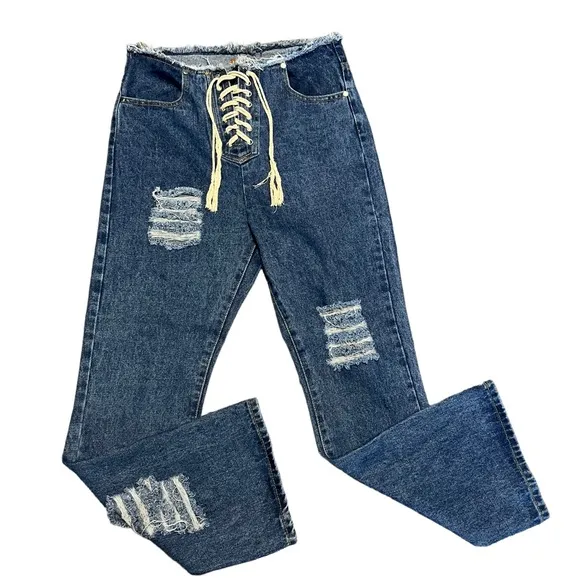 POL front lace up distressed  high waisted flare wide leg jeans size 30