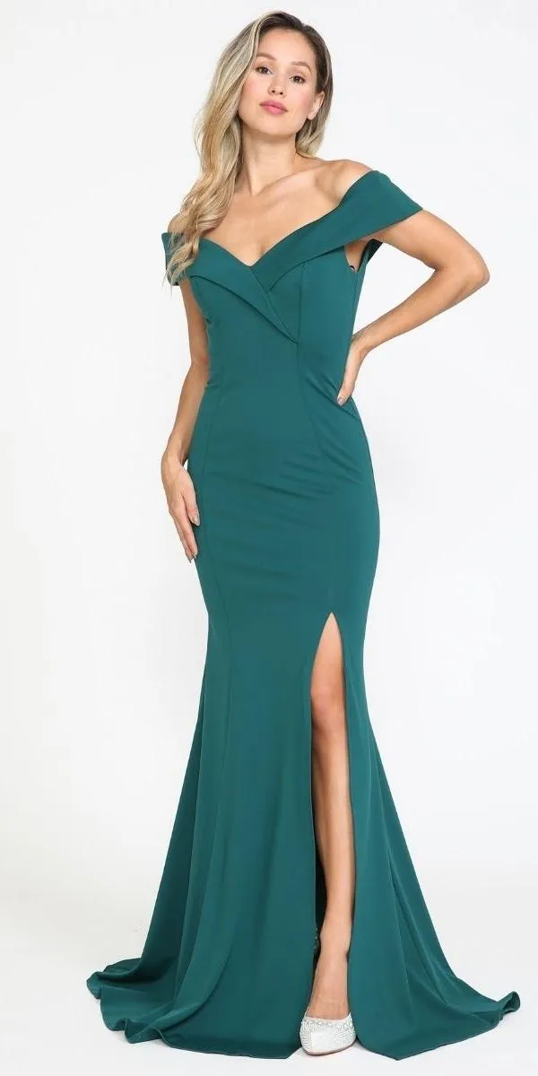 Poly USA 8258 Long Off-Shoulder Fitted Jersey Dress With Slit