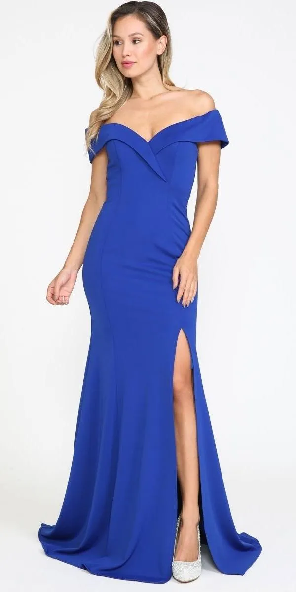 Poly USA 8258 Long Off-Shoulder Fitted Jersey Dress With Slit