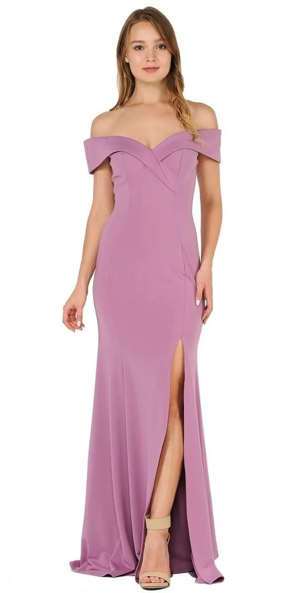 Poly USA 8258 Long Off-Shoulder Fitted Jersey Dress With Slit