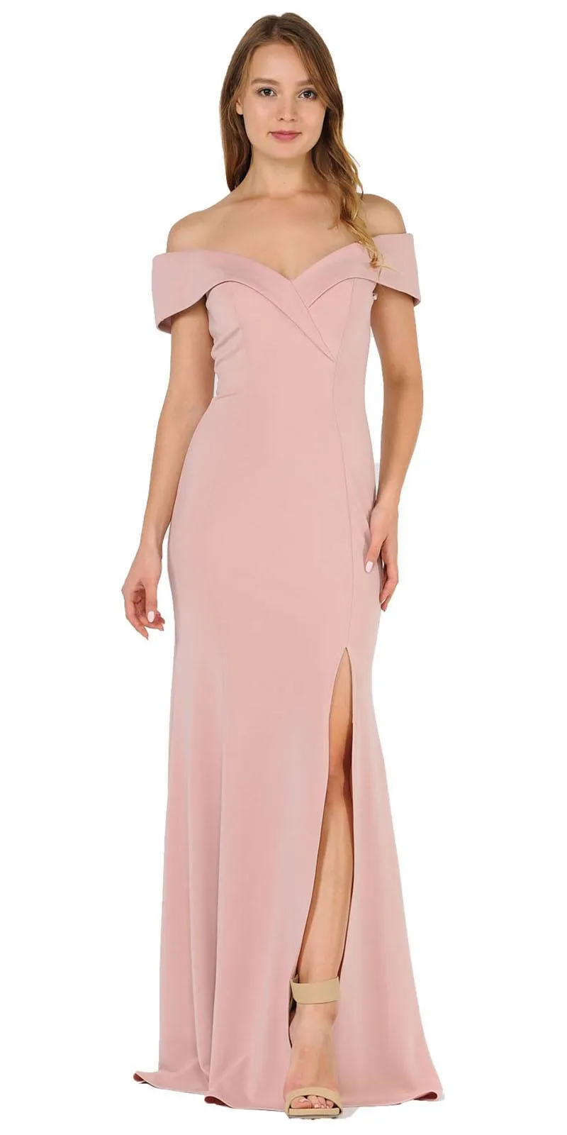 Poly USA 8258 Long Off-Shoulder Fitted Jersey Dress With Slit