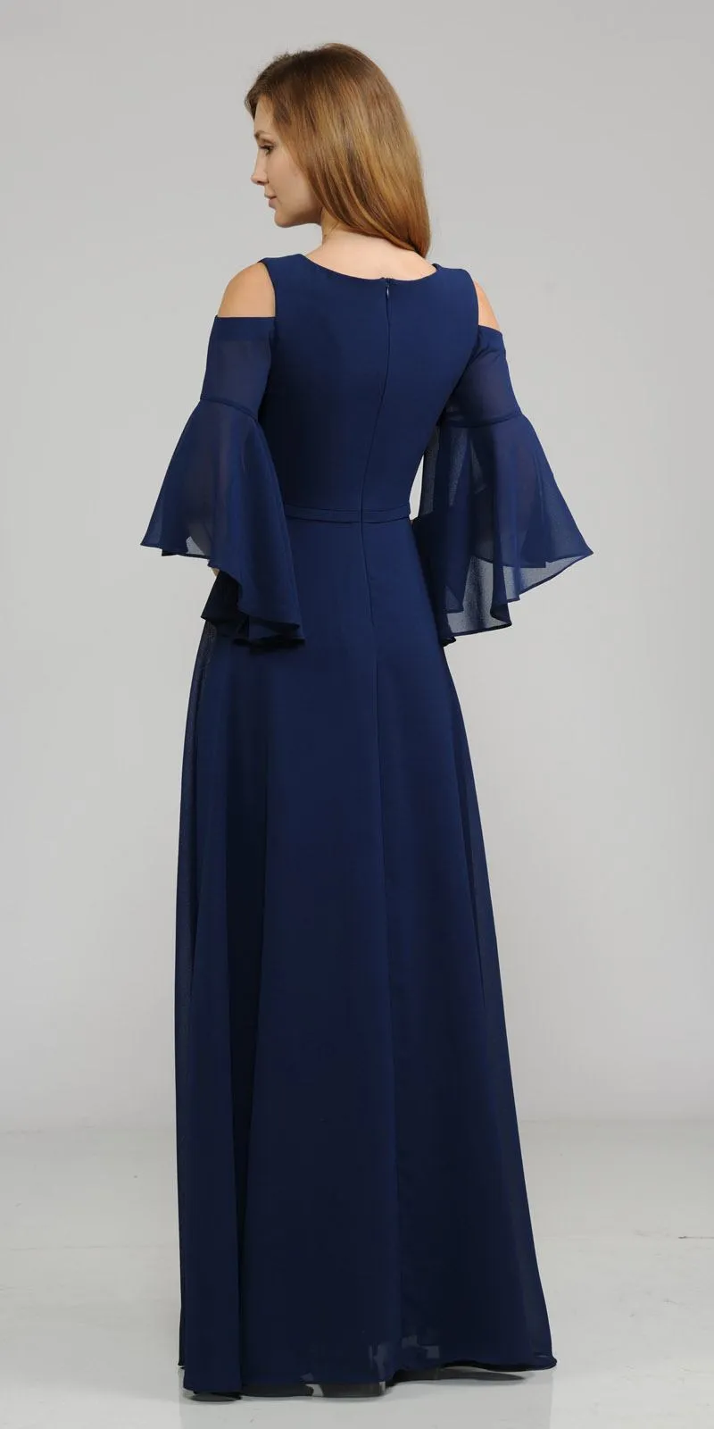 Poly USA 8300 Cold-Shoulder V-Neck Long Dress Bell Sleeve