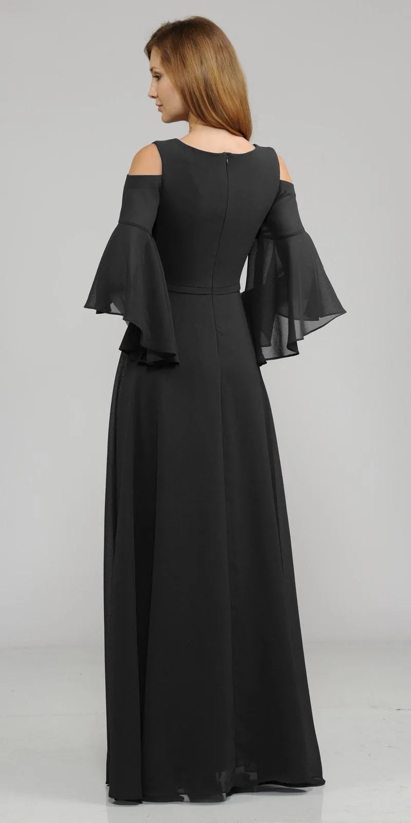 Poly USA 8300 Cold-Shoulder V-Neck Long Dress Bell Sleeve