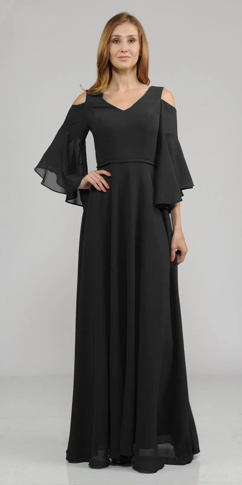 Poly USA 8300 Cold-Shoulder V-Neck Long Dress Bell Sleeve