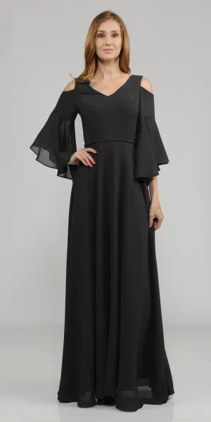 Poly USA 8300 Cold-Shoulder V-Neck Long Dress Bell Sleeve