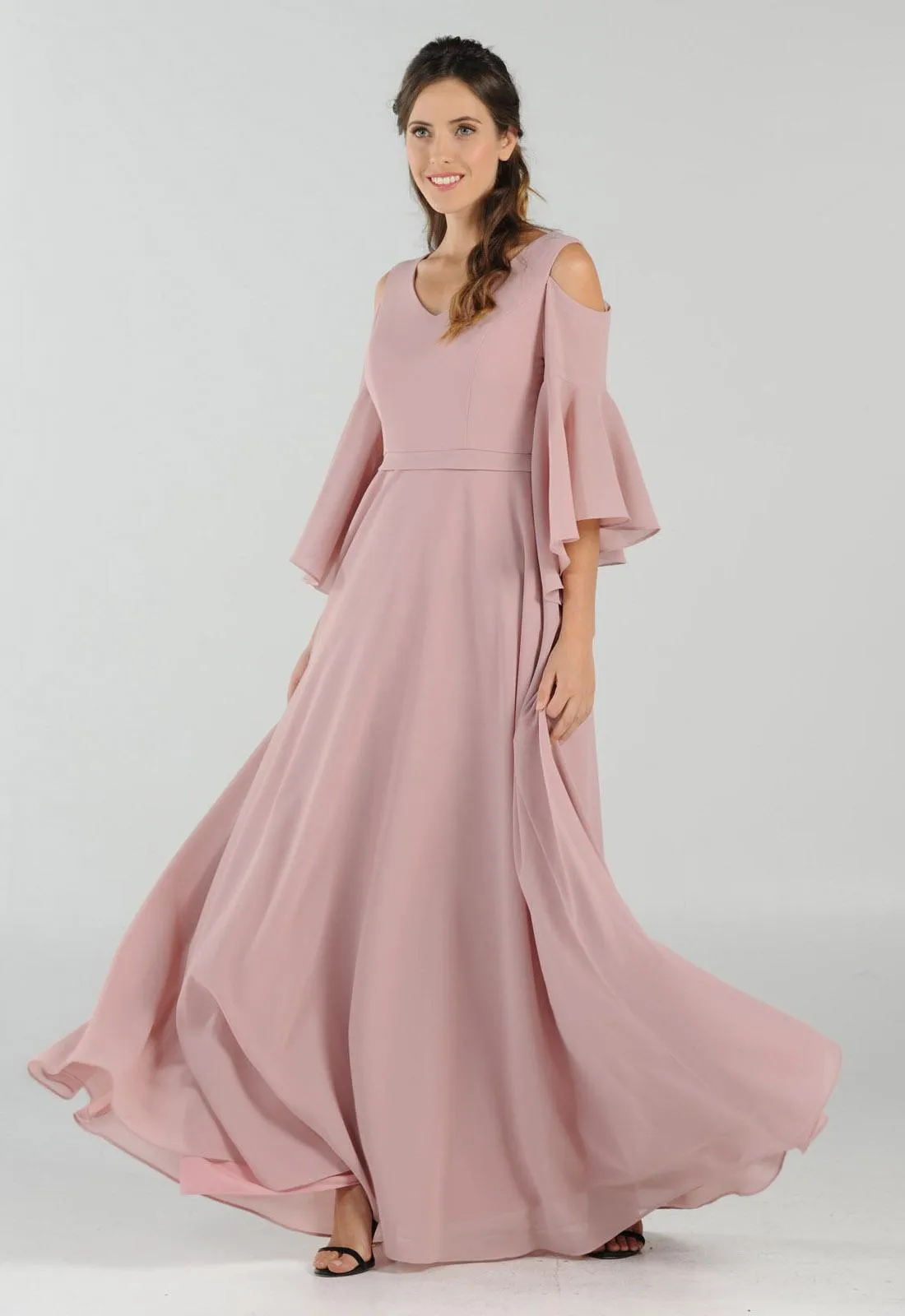 Poly USA 8300 Cold-Shoulder V-Neck Long Dress Bell Sleeve