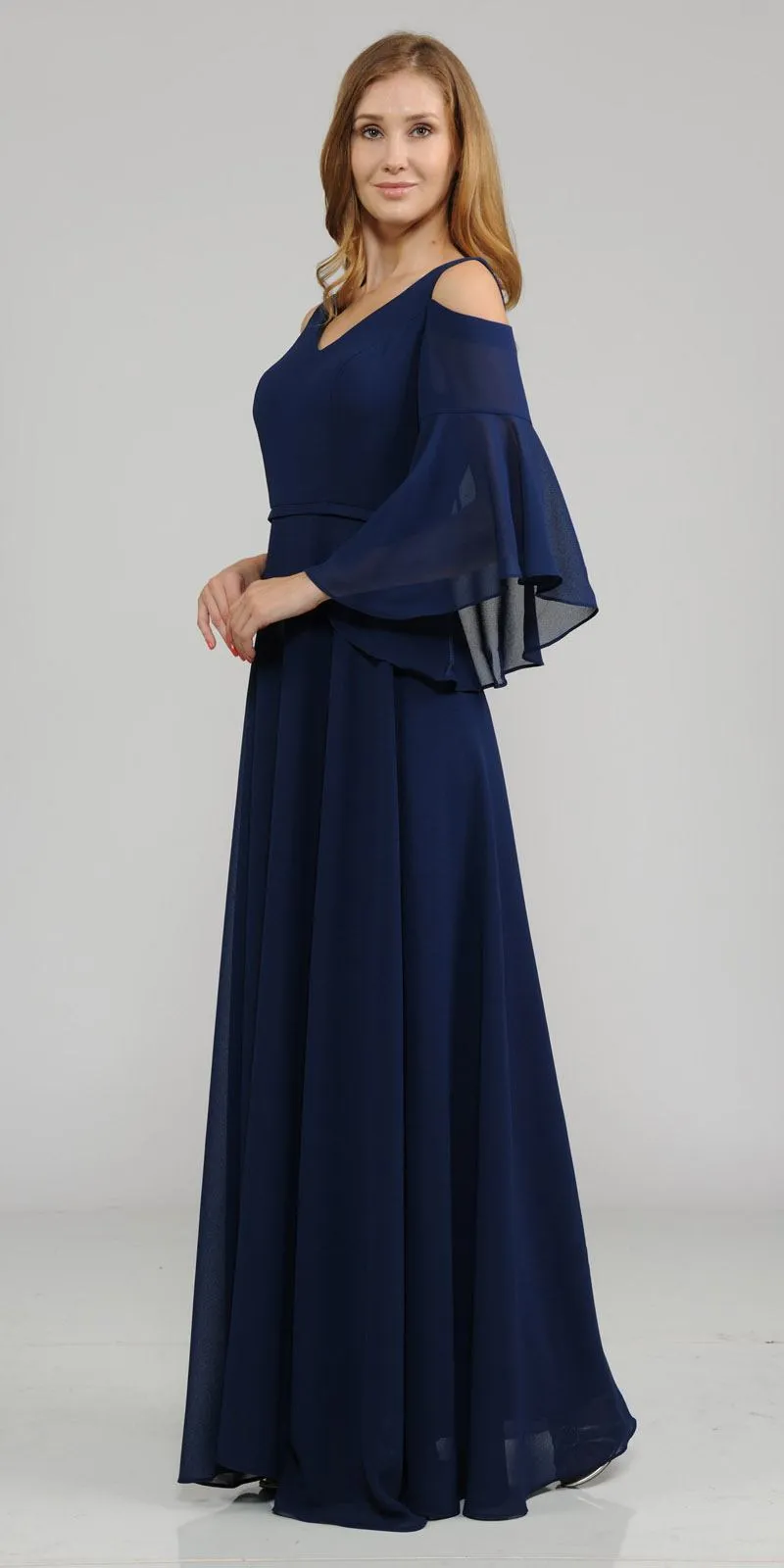Poly USA 8300 Cold-Shoulder V-Neck Long Dress Bell Sleeve