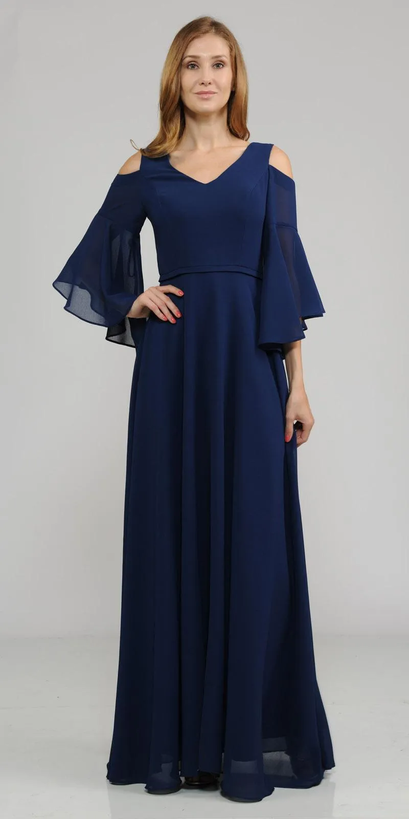 Poly USA 8300 Cold-Shoulder V-Neck Long Dress Bell Sleeve
