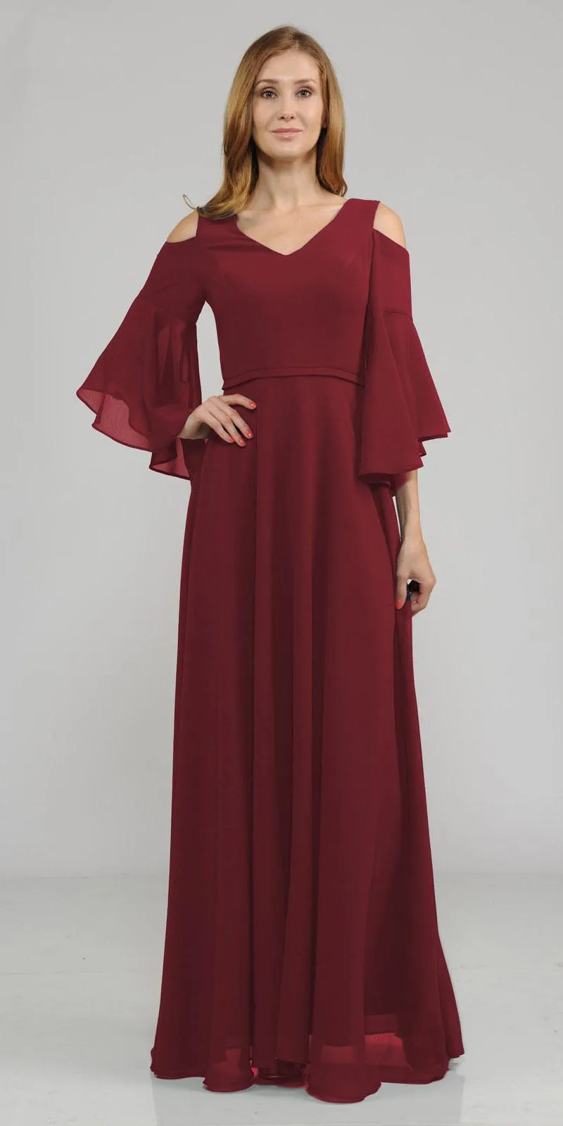 Poly USA 8300 Cold-Shoulder V-Neck Long Dress Bell Sleeve