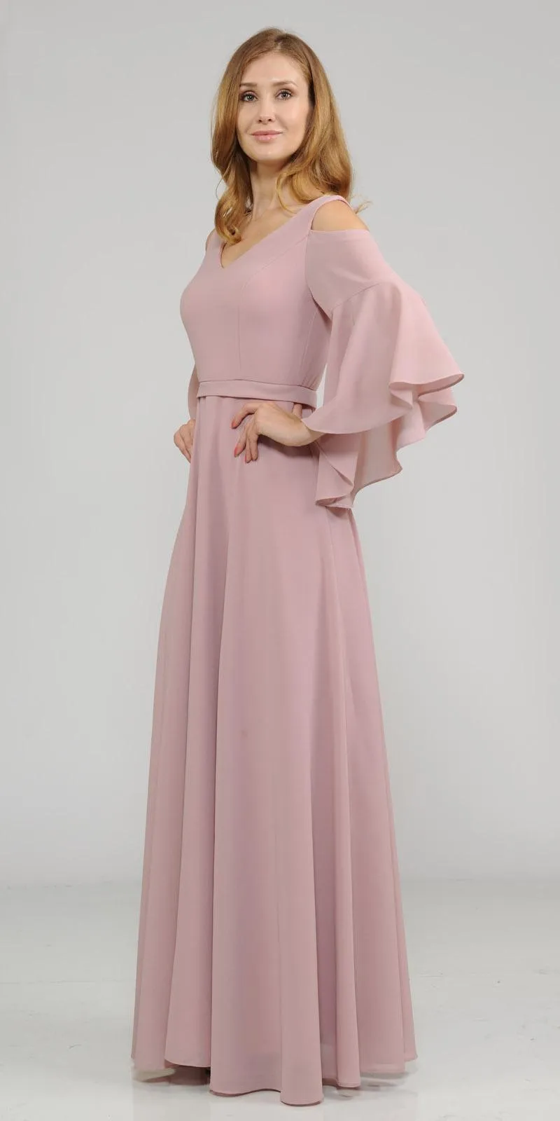 Poly USA 8300 Cold-Shoulder V-Neck Long Dress Bell Sleeve