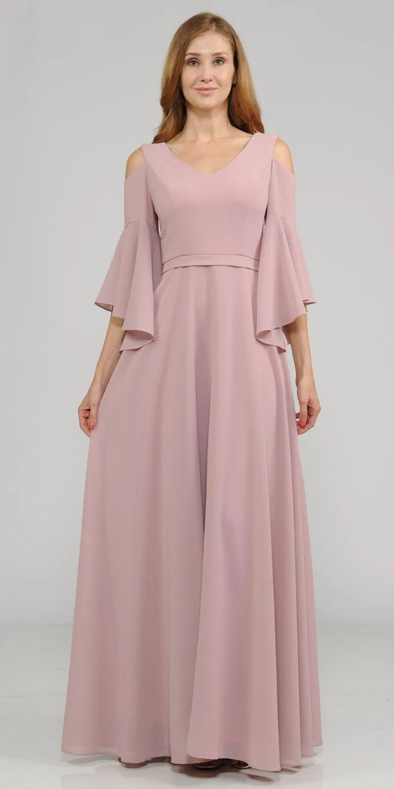 Poly USA 8300 Cold-Shoulder V-Neck Long Dress Bell Sleeve