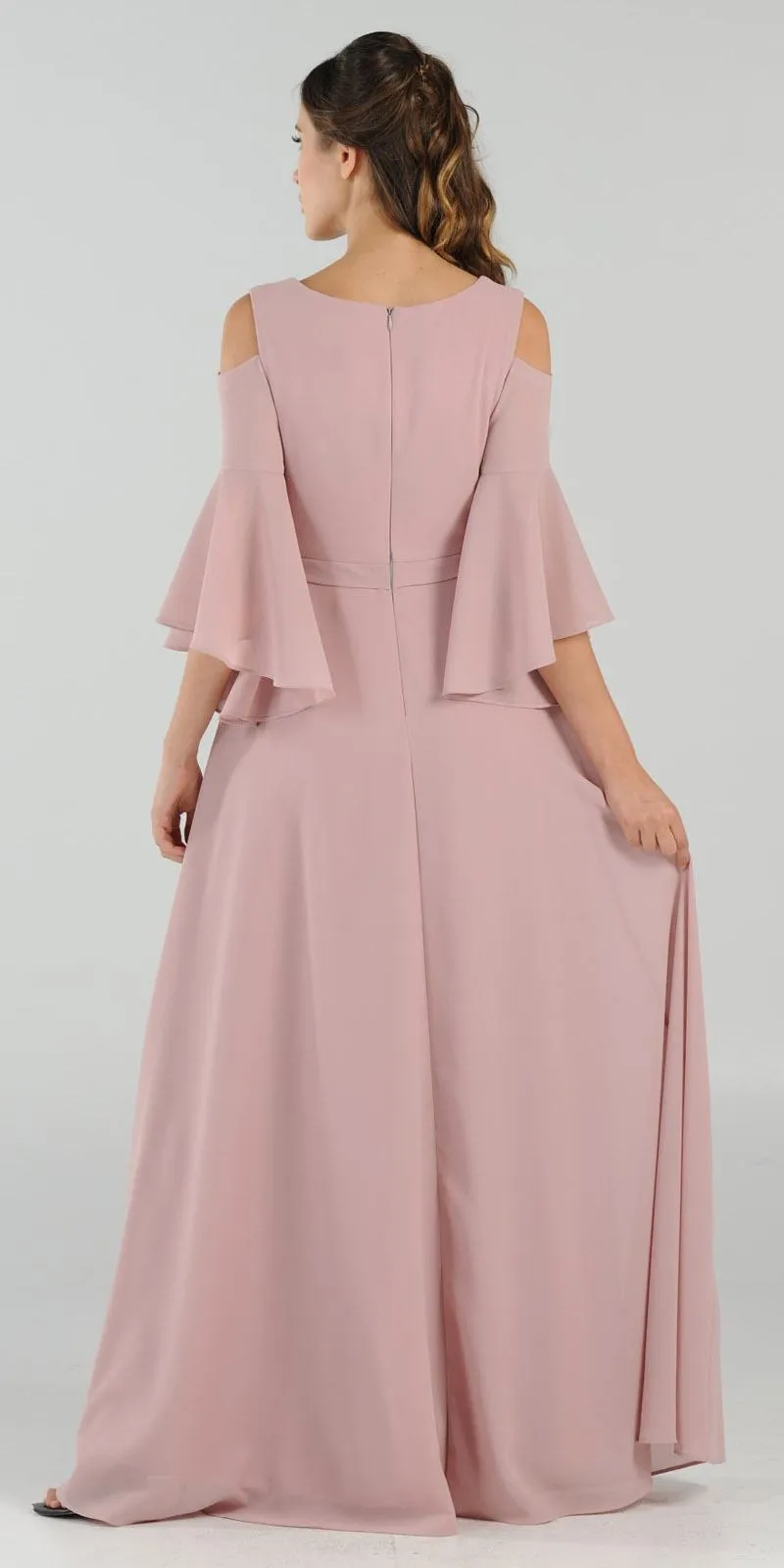 Poly USA 8300 Cold-Shoulder V-Neck Long Dress Bell Sleeve