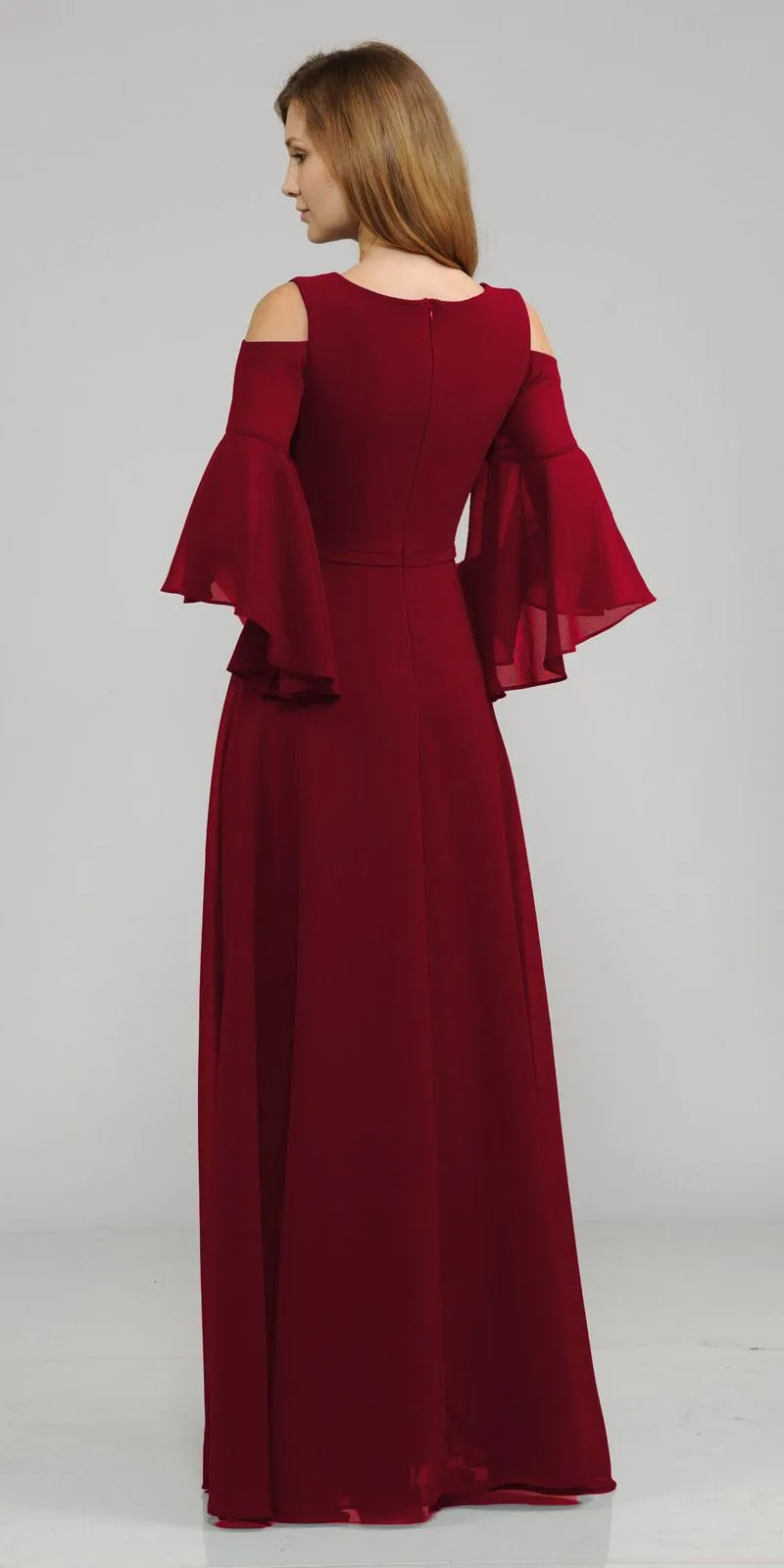 Poly USA 8300 Cold-Shoulder V-Neck Long Dress Bell Sleeve