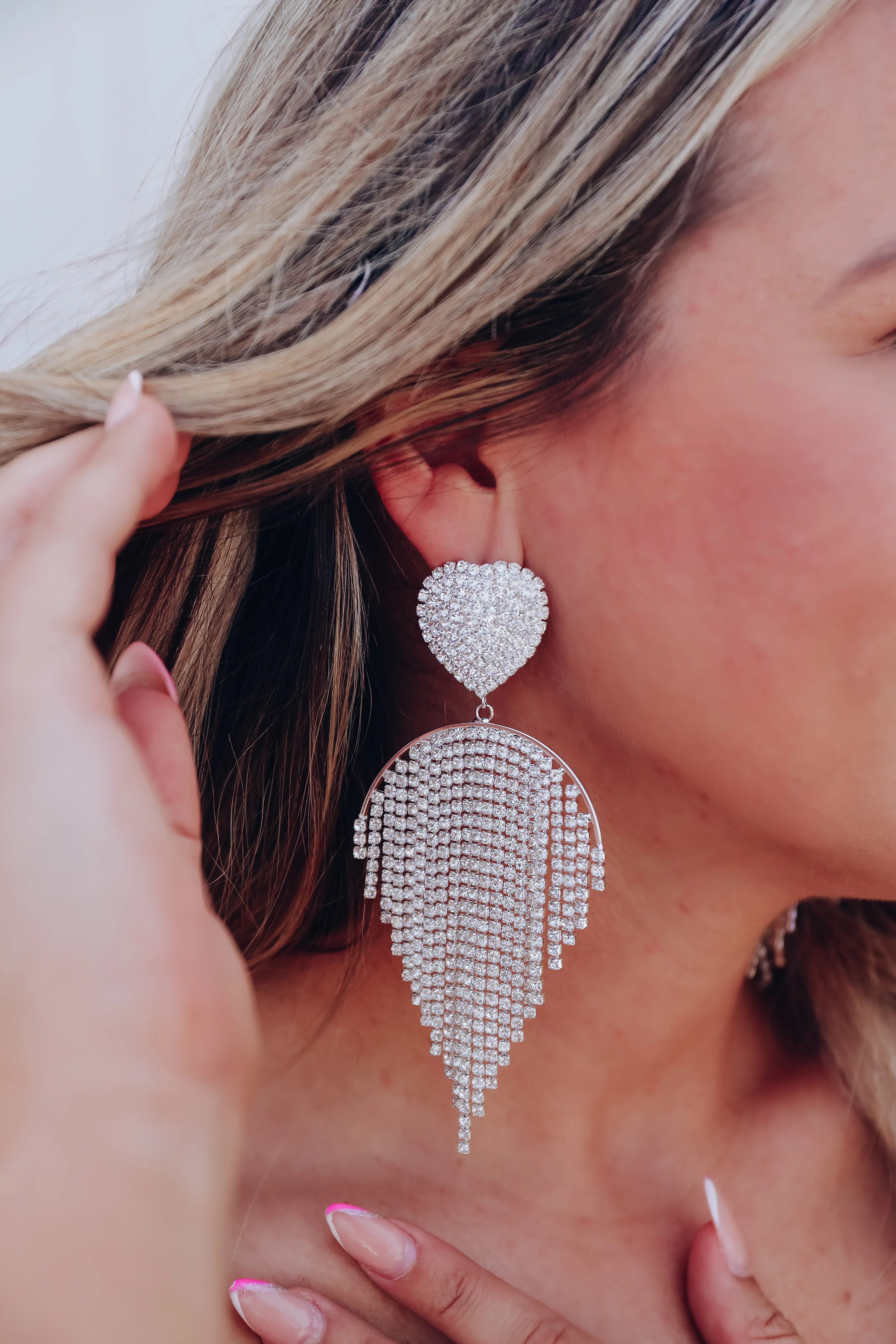 Pretty Heart Fringe Earrings - Silver