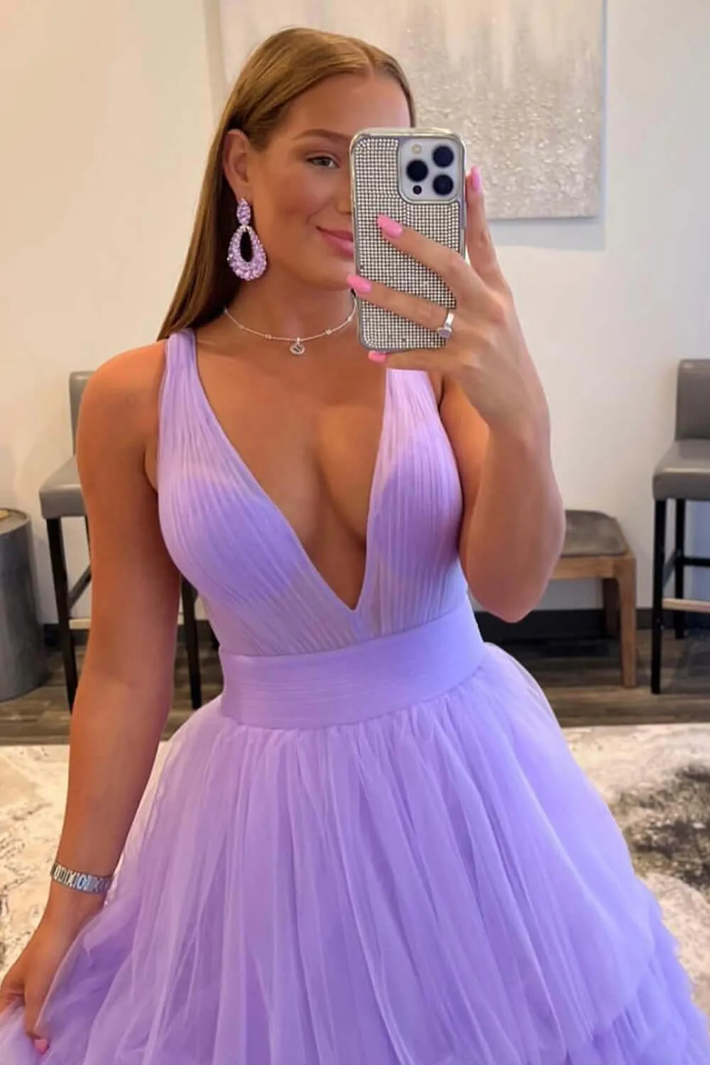Purple Layered Prom Dresses 2024 Ruffle Plunging Deep V-Neck Tiered Evening Dress