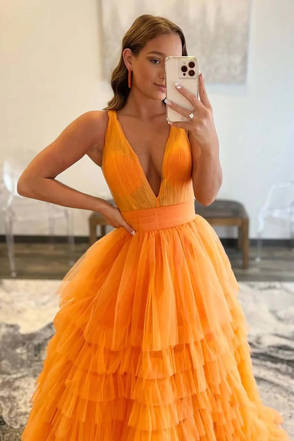 Purple Layered Prom Dresses 2024 Ruffle Plunging Deep V-Neck Tiered Evening Dress