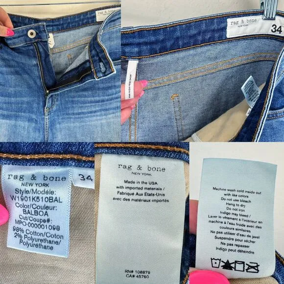 Rag and Bone Nina High Rise Denim Balboa Jean Roll Up or Cut Off Shorts 34
