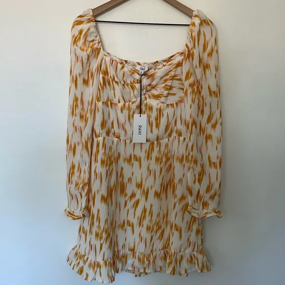 Rahi NWT Smocked Bustier Milkmaid Ruffle Balloon Sleeve Square Neck Mini Medium